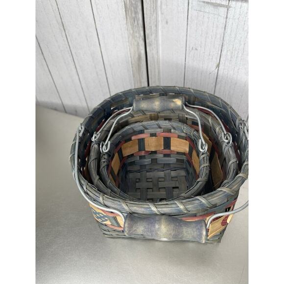 Vintage Heart Motif Wicker Basket With Handle Rustic Set Of 3 Nesting - Picture 6 of 9